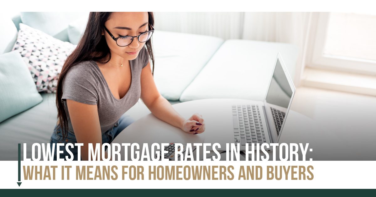 Woman using laptop, lowest mortgage rates discussed.
