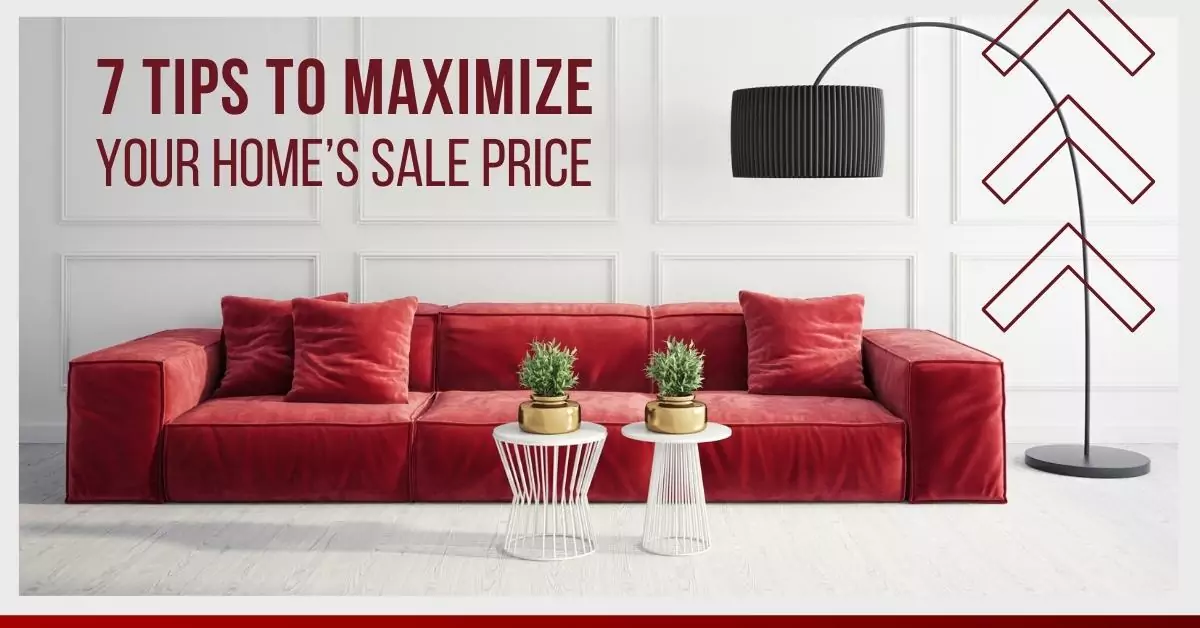 Red sofa with tips for home selling.