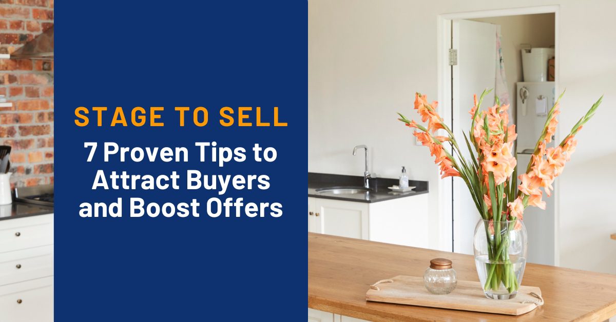 Kitchen with flowers and text on selling tips.