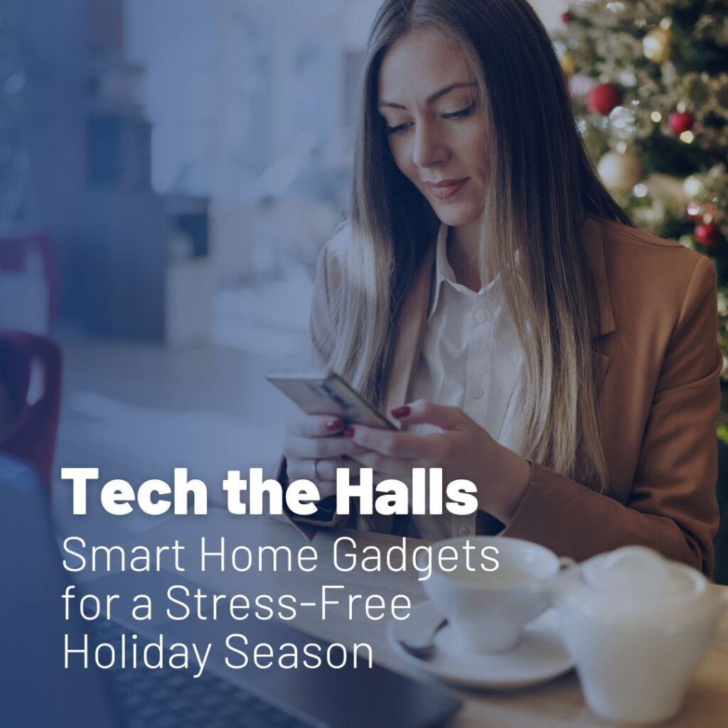 Woman using smartphone near holiday decorations.