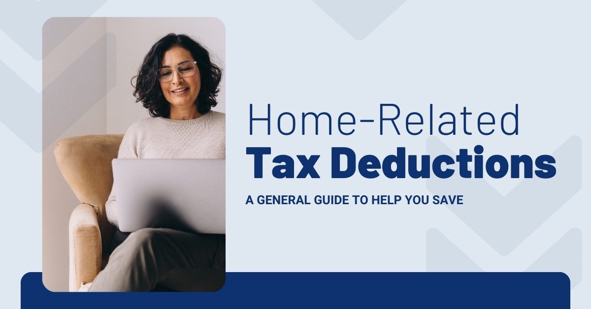 Smiling woman with laptop, home tax guide.